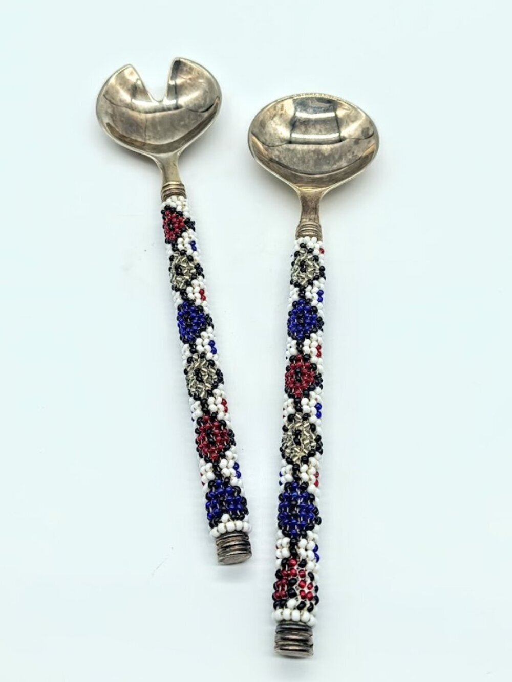 African Zulu Beaded Silver Salad Serving Spoons
